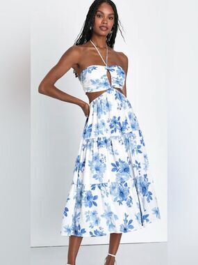 NEW LULUS Summery Successes Blue White Floral Halter Cutout Midi Dress Size M